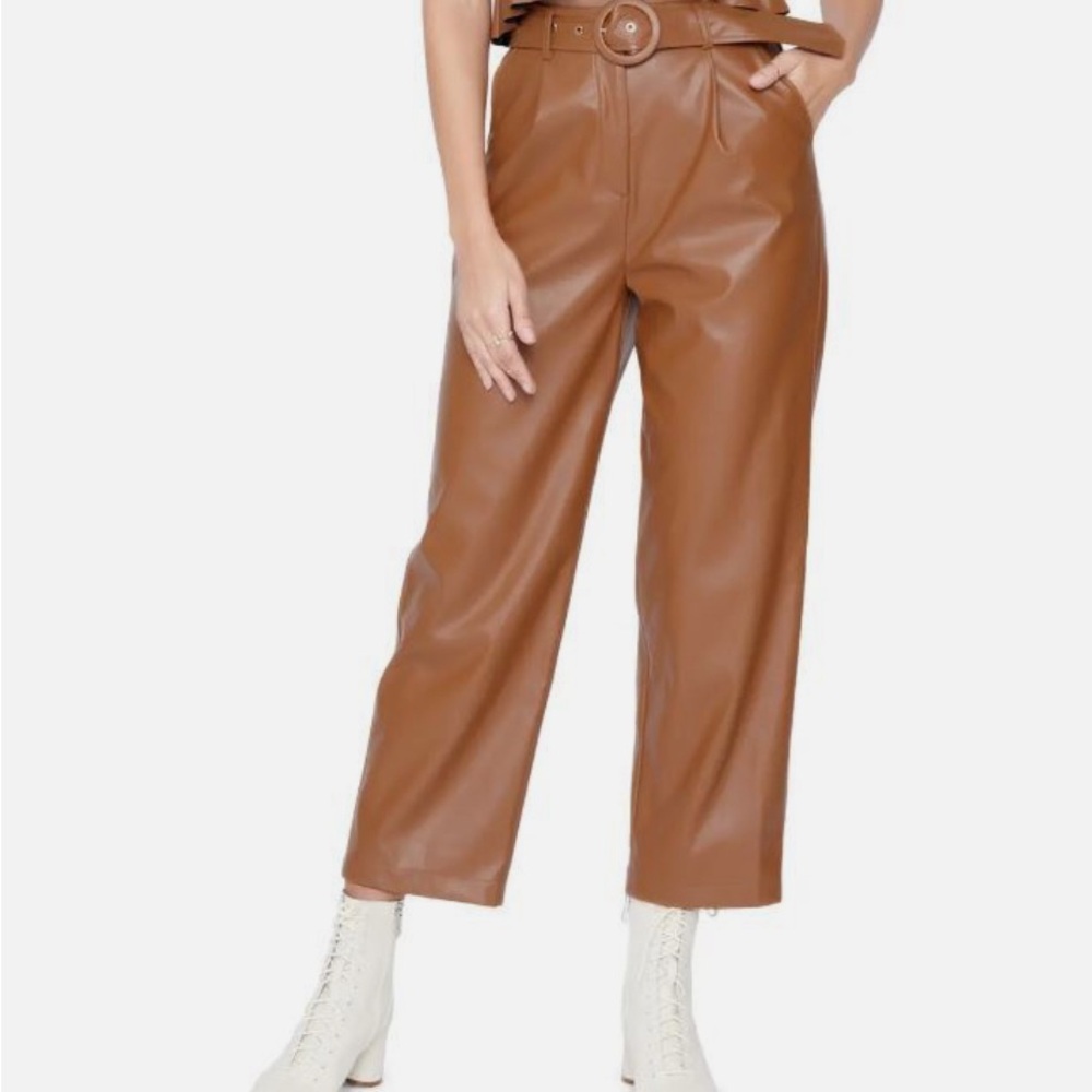 Lost + Wander Cropped Faux Leather Paperbag Waist Pants in Caramel Brown